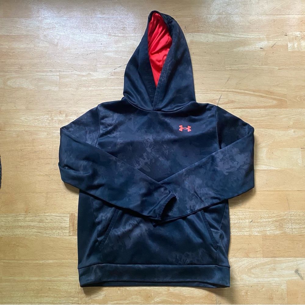 Under Armour Youth Large Black Hoodie with Neon Red/Orange Logo